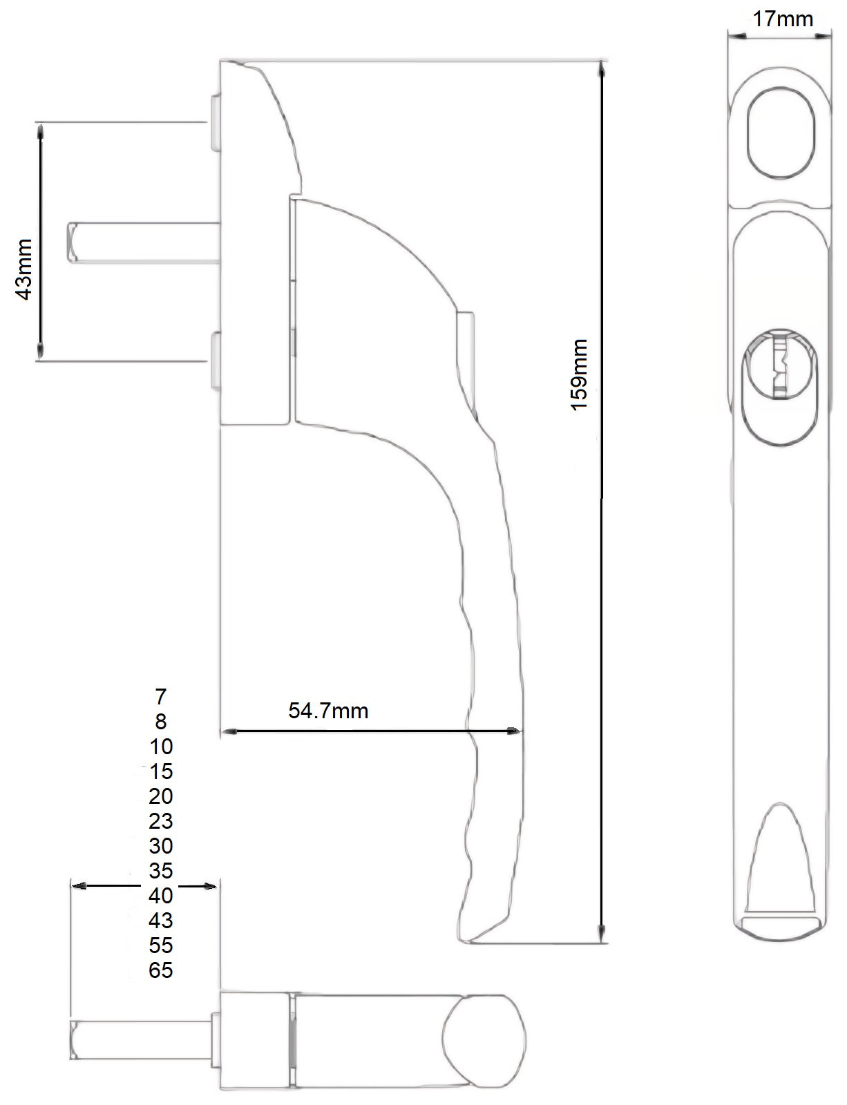 White Window Handle with interchangeable spindle drawing 